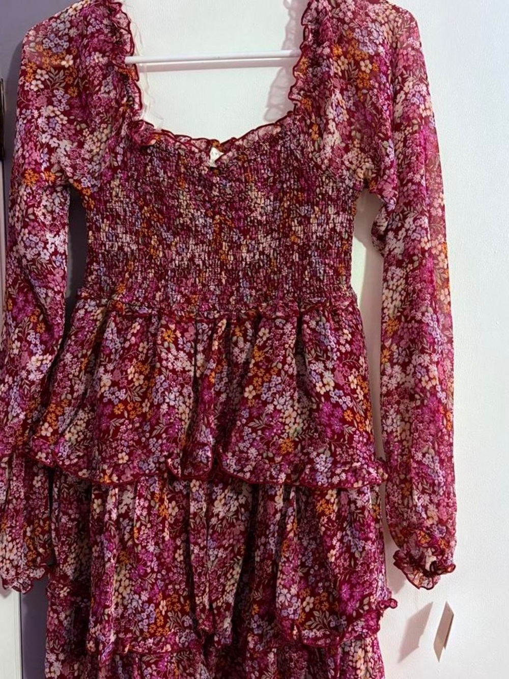Floral Smocked Tiered Long Sleeve Dress - Berry Pink Floral